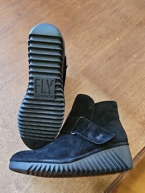 Fly London Black Suede Wedge Ankle Booties